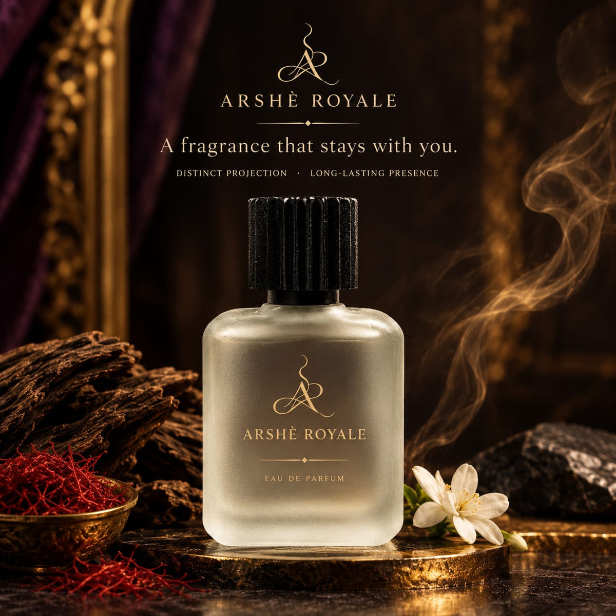 Arshè Royale Eau de Parfum frosted bottle with oud, saffron and jasmine, “A fragrance that stays with you”