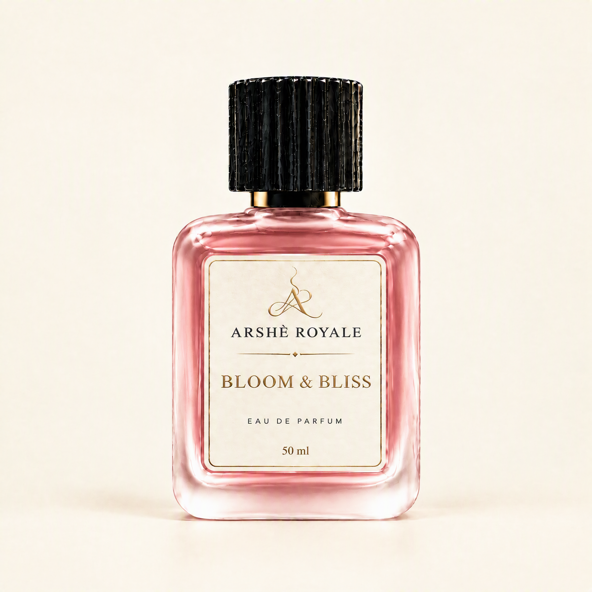 Arshè Royale Bloom & Bliss 50 ml pink Eau de Parfum bottle with black fluted cap
