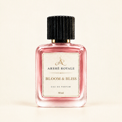Arshè Royale Bloom & Bliss 50 ml pink Eau de Parfum bottle with black fluted cap