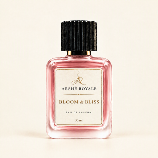 Arshè Royale Bloom & Bliss 50 ml pink Eau de Parfum bottle with black fluted cap