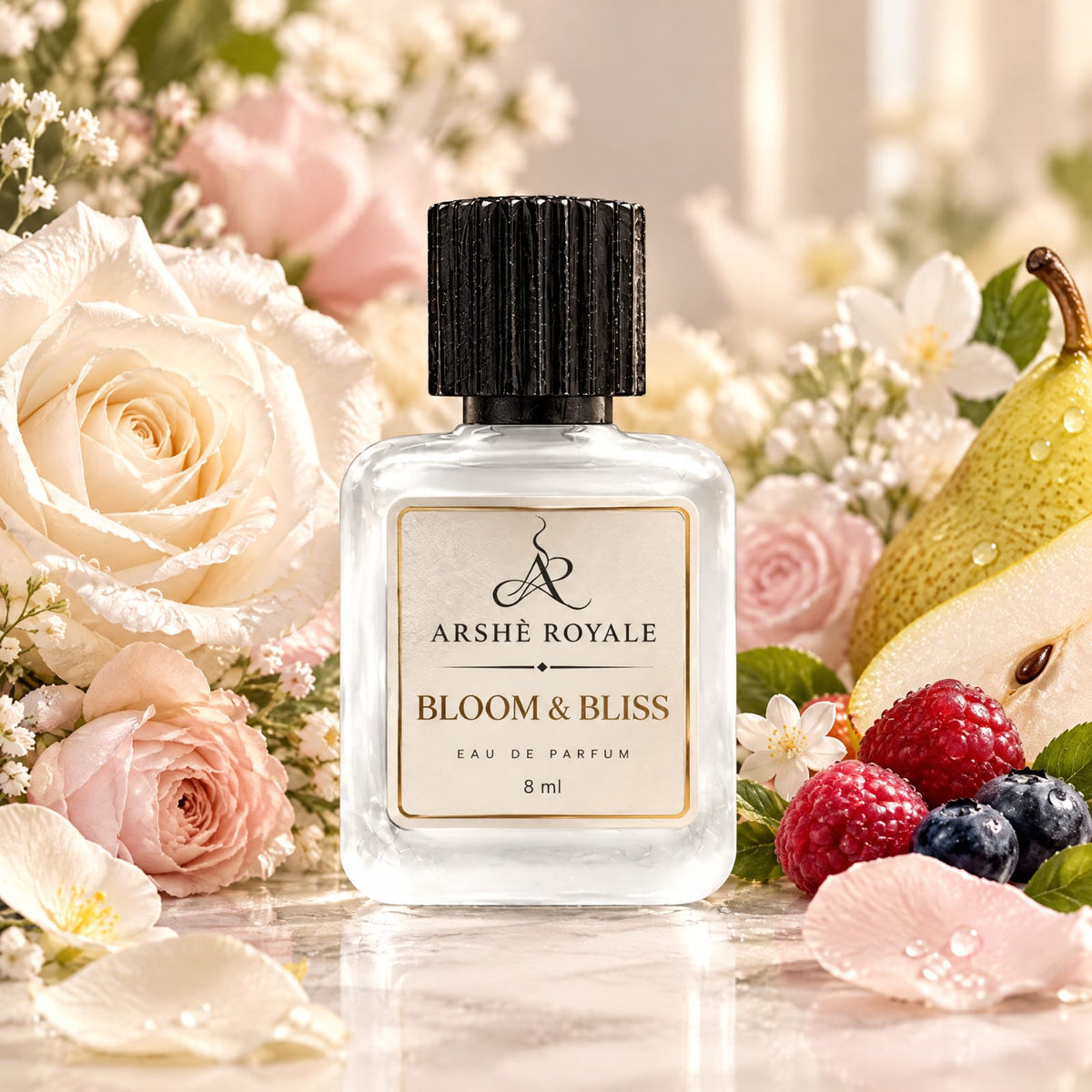 Arshè Royale Bloom & Bliss 8 ml Eau de Parfum bottle with cream roses, pear and berries
