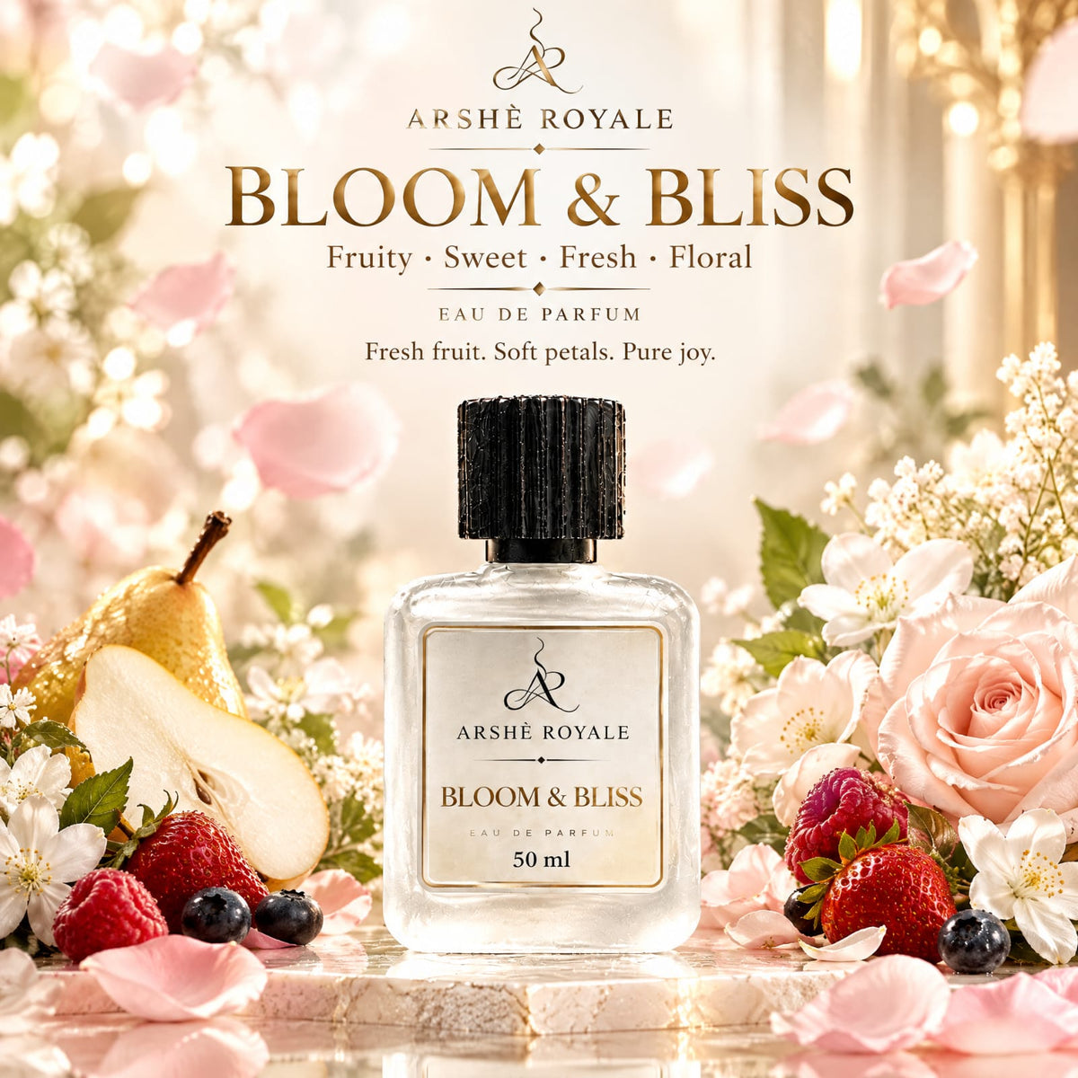 Arshè Royale Bloom & Bliss 50 ml Eau de Parfum with pear, berries, roses and petals
