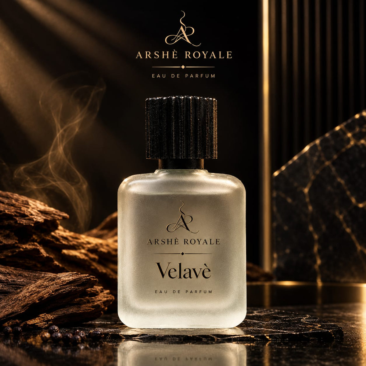 Arshè Royale Velavè 50 ml Eau de Parfum frosted bottle with oud wood, smoke and black gold marble