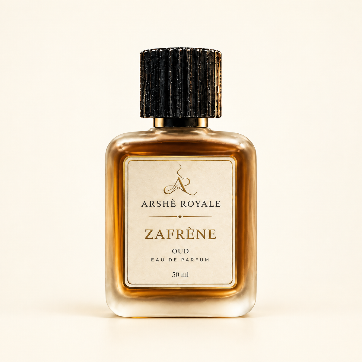 Arshè Royale Zafrène Oud 50 ml amber Eau de Parfum bottle with black fluted cap
